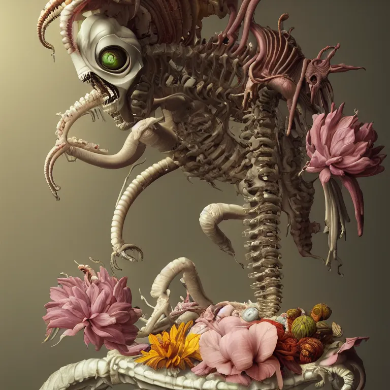 Image similar to still life of white xenomorph, beautiful pastel color tropical flowers, metallic human spine, colorful mold, baroque painting, beautiful detailed intricate insanely detailed octane render, 8K artistic photography, photorealistic, chiaroscuro, Raphael, Caravaggio
