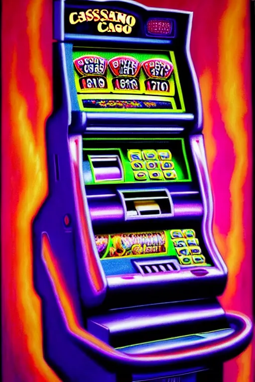 Prompt: a hyperrealistic painting of a nightmare at the casino broken atm machines spewing money, riots, colorful light slot machines, cinematic horror by chris cunningham, lisa frank, richard corben, highly detailed, vivid color,