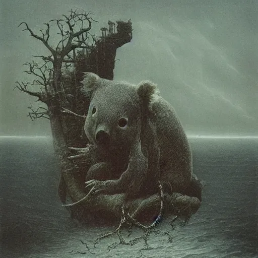 Prompt: sea koala beksinski, eldritch, apocalypse, creepy creature, horror spooky