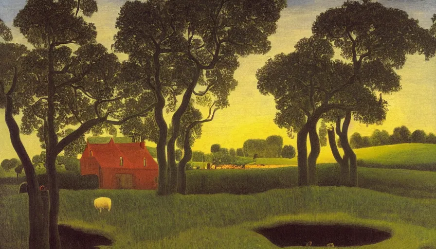 Image similar to quaint victorian farmhouse beside a river with sheep in the adjacent yard at sunset, by henri rousseau, full resolution