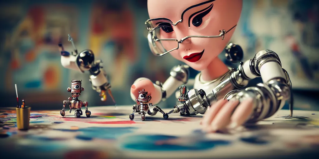 Image similar to closeup portrait of tin toy retro robot painter mixing gouache on white paper table in an artist workshop, depth of field, zeiss lens, detailed, centered, fashion photoshoot, by nicoletta ceccoli, mark ryden, lostfish, breathtaking, 8 k resolution, extremely detailed, beautiful, establishing shot, artistic, hyperrealistic, octane render