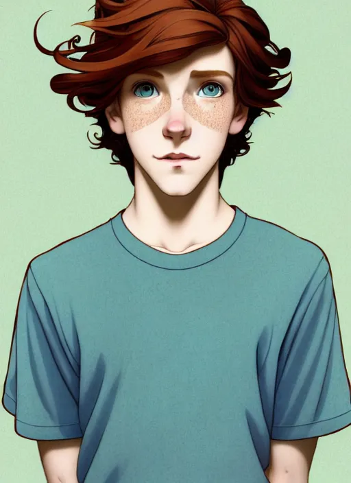 Image similar to art nouveau portrait of a teen boy with completely straight auburn hair, light blue eyes, pale skin, freckles, sad expression, t - shirt, modern casual clothing, natural lighting, path traced, highly detailed, high quality, cartoon, digital painting, by don bluth and ross tran and studio ghibli and alphonse mucha