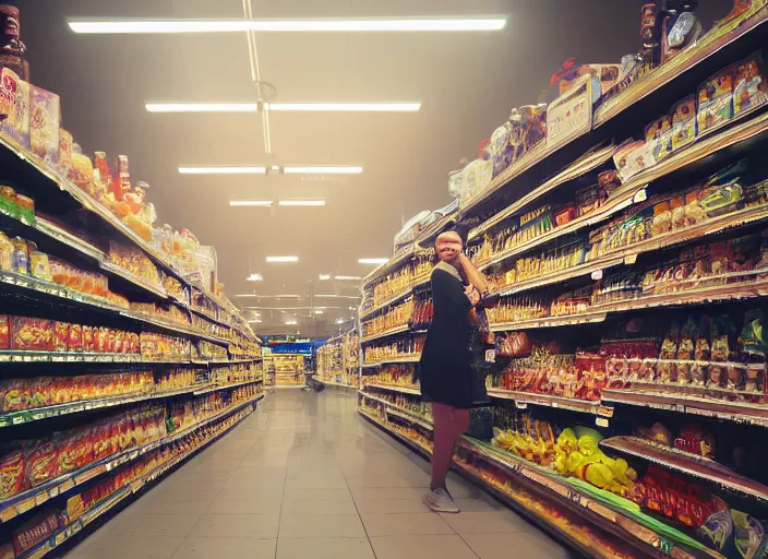 Prompt: angel in a grocery store, cinematic grade, volumetric light, photorealistic,, award winning photo, 100mm, sharp, high res