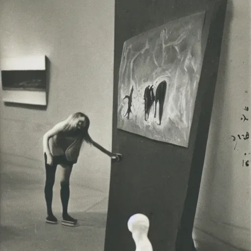 Prompt: polaroid of a skater girl inspecting a sculpture by leonora carrington