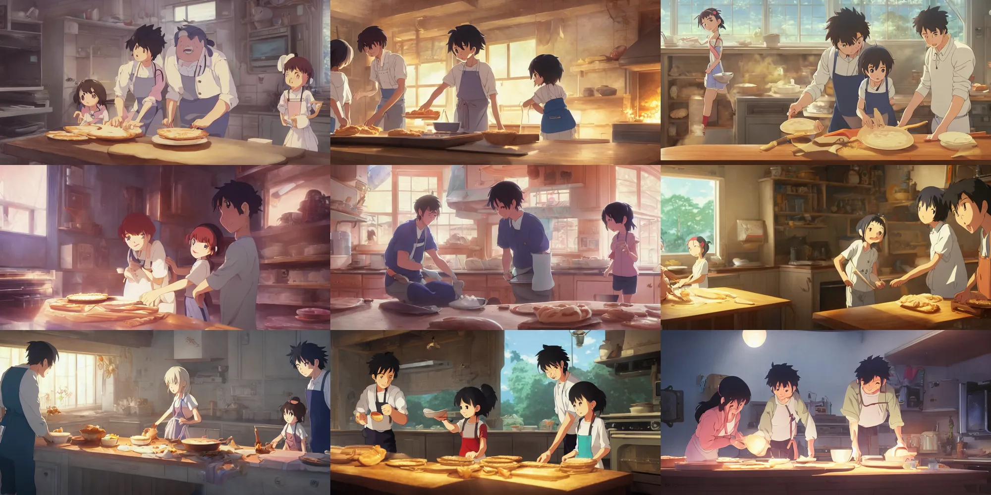 Prompt: a wholesome anime key shot of a father helping his daughter learn how to bake a pie in the oven, medium shot, waist up, studio Ghibli, Pixar and Disney animation, sharp, Rendered in Unreal Engine 5, anime key art by Greg Rutkowski, Bloom, dramatic lighting, happy, good vibes