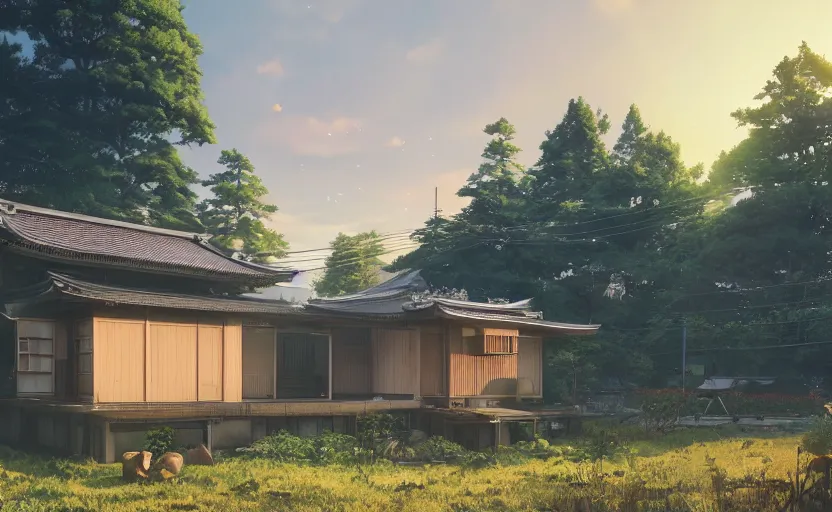 Prompt: Japanese countryside house, Low level, rendered by Beeple, Makoto Shinkai, syd meade, simon stålenhag, digital art, unreal engine, WLOP, trending on artstation, 4K UHD image, octane render