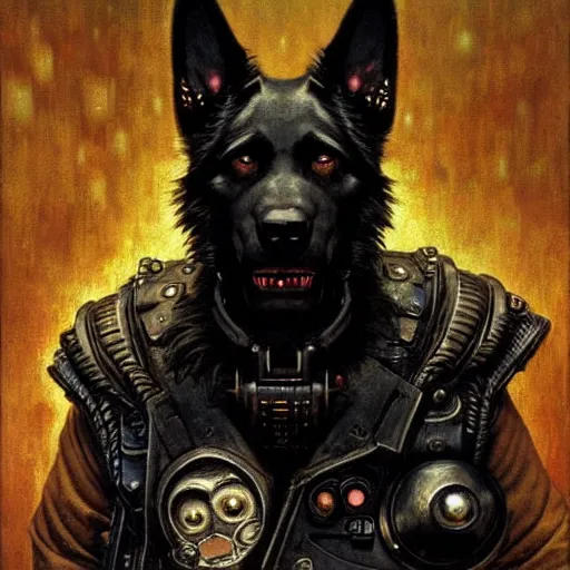 Image similar to a portrait of a black german shepard orc dogman canine neuromancer with human eyes serious looking holding computer console. shadowrun cyberpunk fantasy d & d fallout 1 9 9 8 highly detailed painting by gaston bussiere craig mullins jc leyendecker gustav klimt artgerm greg rutkowski