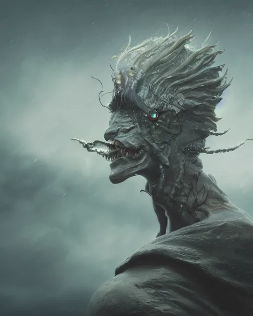 Image similar to a close up portrait of a creepy grotesque sea witch with dark turbulent skies, photorealistic, by jessica rossier, 4 k resolution