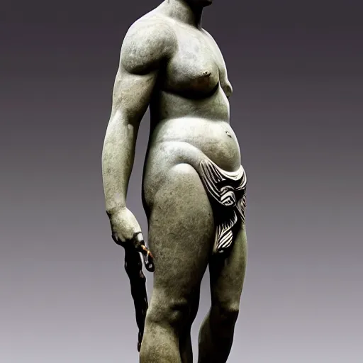 Image similar to long shot photo of a soapstone Art Deco statue of ancient greek religion god Hades wearing a tunic, sculped by Paul Landowski,Jean Dupas, Tamara de Lempicka, Reginald Marsh, Rockwell Kent, and Diego Rivera,long shot,wide shot,low angle,Sigma 85 mm f/1.4,very detailed,unreal-engine,city in the background
