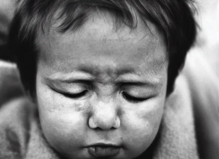 Image similar to high _ resolution _ black _ and _ white _ portrait _ with _ a _ 3 5 _ mm _ f _ 5. 0 _ lens _ of _ a _ child _ in _ soviet _ russia _ with _ closed _ eyes _ and _ a _ sad _ face _ about _ to _ cry.