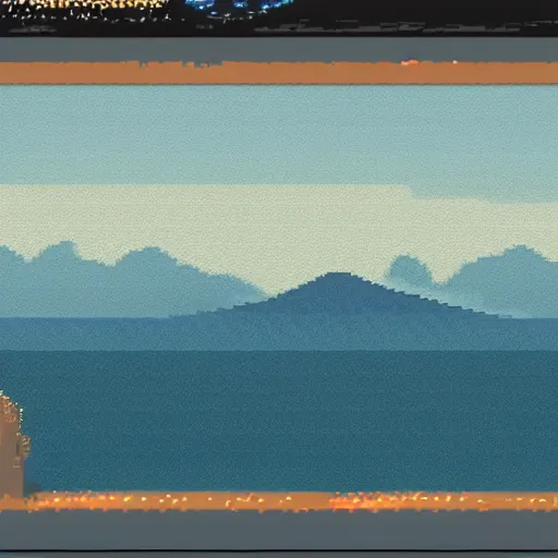 Prompt: an ocean and mountains on a hazy distant planet, extremely detailed, pixel art