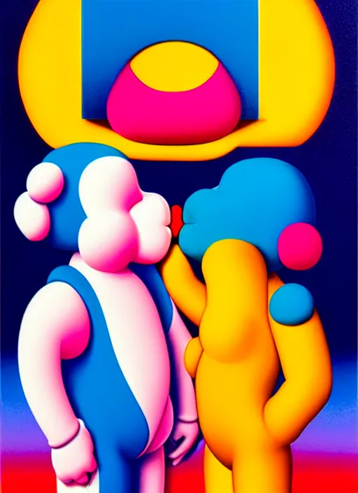 Image similar to kissing by shusei nagaoka, kaws, david rudnick, airbrush on canvas, pastell colours, cell shaded!!!, 8 k