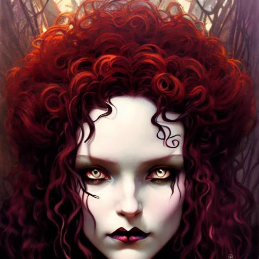 Image similar to a dark gothic version of Princess Merida, face, fantasy, intricate, elegant, highly detailed, digital painting, artstation, concept art, smooth, sharp focus, illustration, art by Gerald Brom and Tim Burton and Artem Demura and alphonse mucha