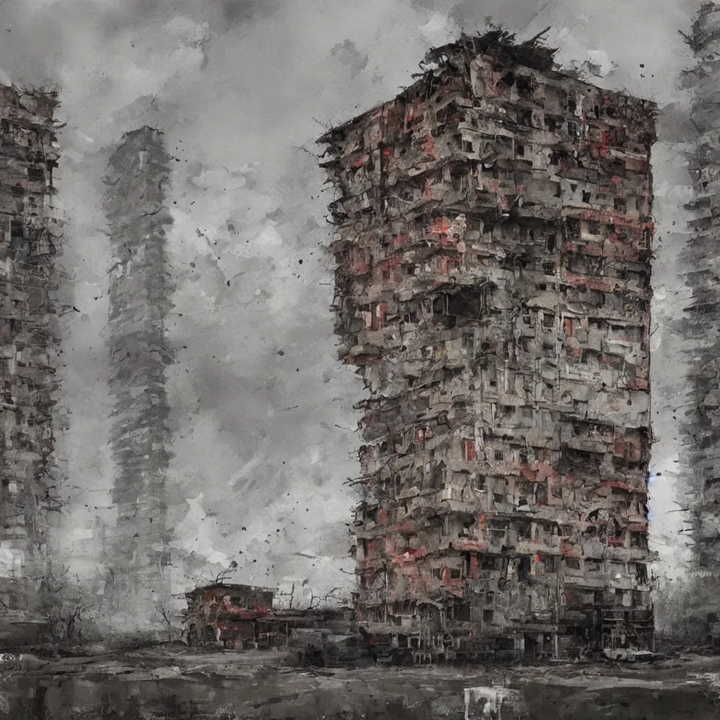 Image similar to painting by jakub rozalski of abandoned post soviet blocks