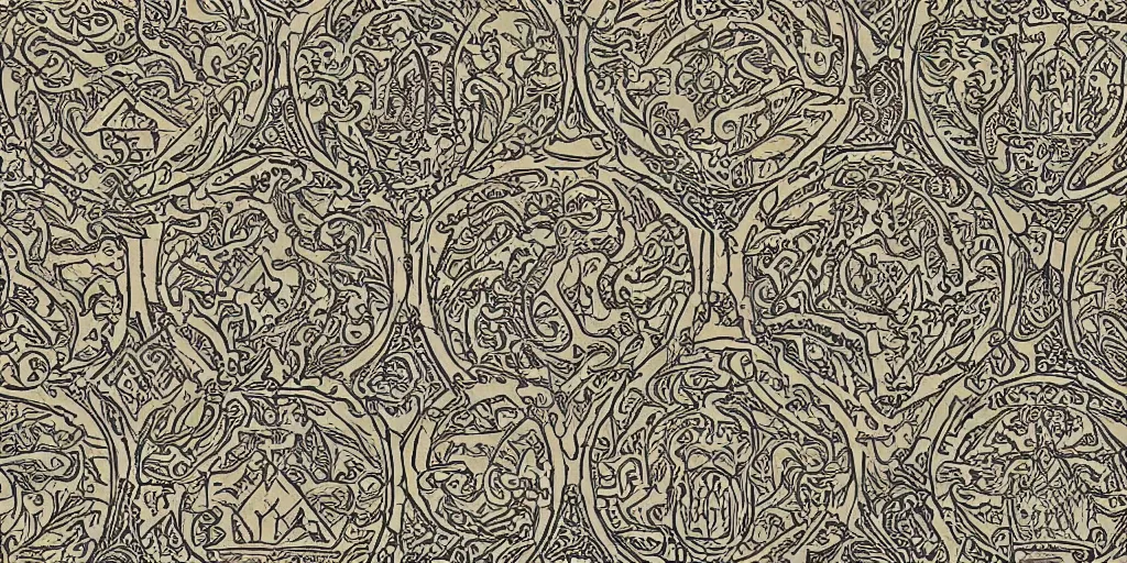 Prompt: scan of old symmetrical patterned wallpaper showing tyrolean folklore masks and cryptic occult alpine symbols and dolomites