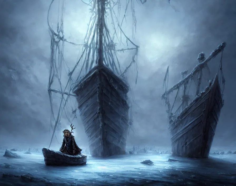 Prompt: a frozen zombie man with a crown, eyes are glowing, broken sailing ship boat in the background, is at dawn and bluish, fantasy, intricate, elegant, highly detailed, digital painting, artstation, concept art, matte, sharp focus, illustration, art by aenaluck and roberto ferri and greg rutkowski, epic fantasy, digital painting