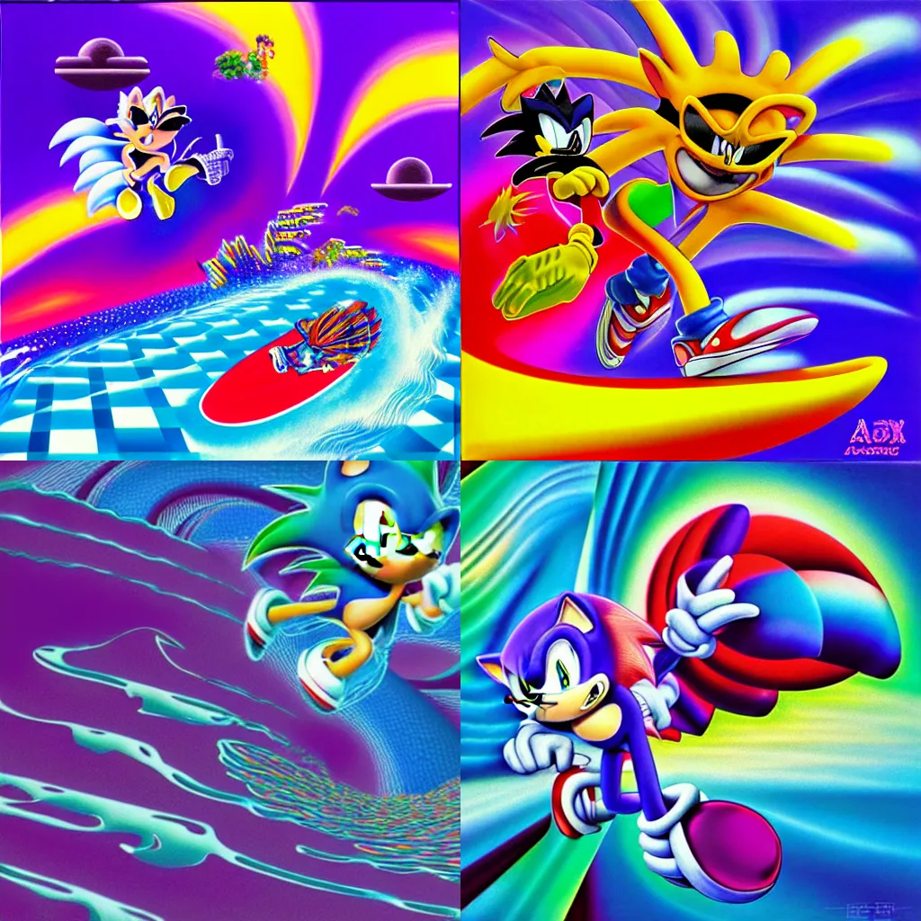 Image similar to surreal, sharp, detailed professional, high quality airbrush art MGMT album cover of a liquid dissolving LSD DMT sonic the hedgehog surfing through cyberspace, purple checkerboard background, 1990s 1992 Sega Genesis video game album cover