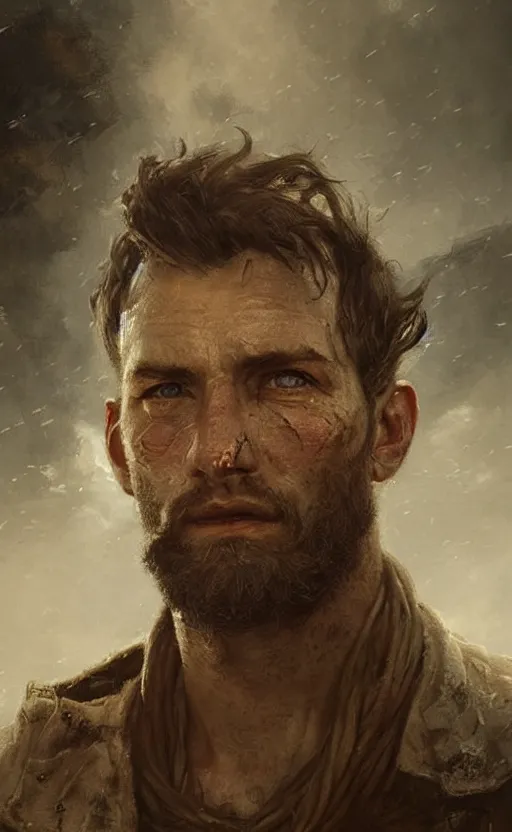 Prompt: Portrait of a rugged ship captain, male, detailed face, 19th century, highly detailed, cinematic lighting, digital art painting by greg rutkowski