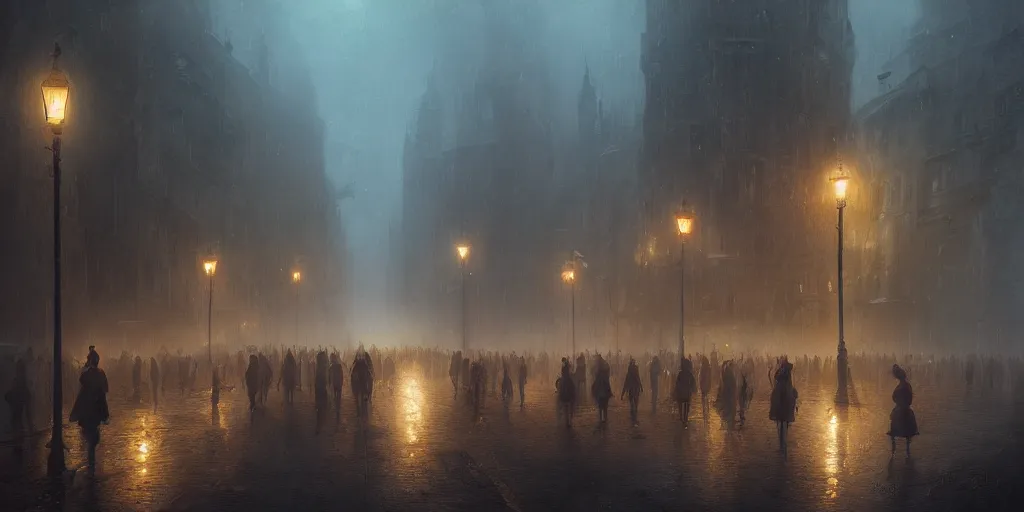 Image similar to a parade in a heavy swirling fog, soft lighting, night, stephen bliss, misty, unreal engine, digital art, 8 k, oil painting, fantasy art, illustration, detailed and intricate environment