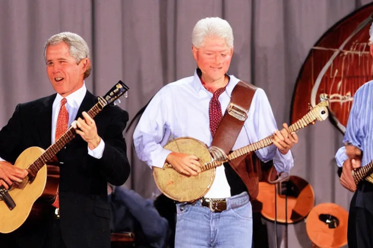 Prompt: george w bush playing banjo, bill clinton playing saxophone on stage