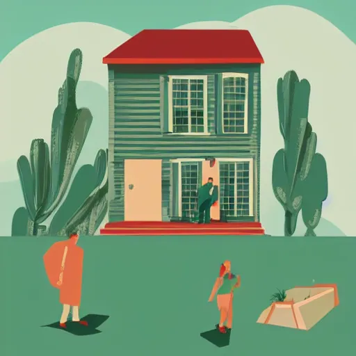 Image similar to vector illustration of people looking at a house, tom whalen, sea green color theme