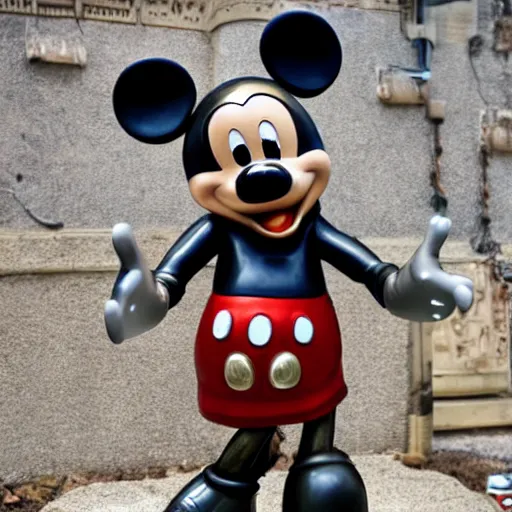 Prompt: of a statue of Mickey Mouse in a post apocalyptic environment