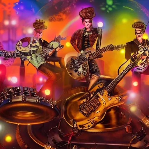 Image similar to album art, rockband with 3 steampunk robots playing guitar, text robos rock, 8 k, flourescent colors, halluzinogenic, multicolored, exaggerated detailed, front shot, 3 d render, octane