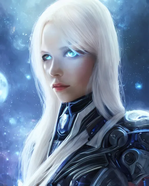 Image similar to beautiful android girl on a mothership, warframe armor, pretty face, scifi, futuristic, galaxy, raytracing, dreamy, perfect, digital painting, long white hair, blue cyborg eyes, sharp focus, intricate, highly detailed, artstation, intricate, innocent, art by gauthier leblanc, kazuya takahashi, huifeng huang