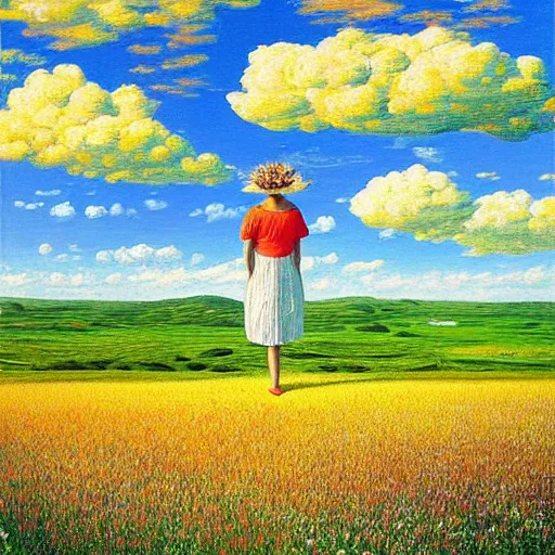 Prompt: giant flower head, frontal, woman standing in field, surreal photography, colorful clouds, impressionist painting, digital painting, artstation, rob gonsalves