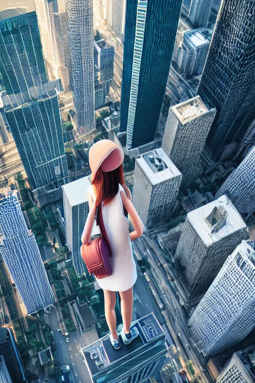 Prompt: beautiful girl larger than skyscrapers walks around the city, bird's eye view, highly detailed, digital art, sharp focus, super realistic, octane render