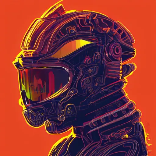 Prompt: helmet lion cyberpunk made of yellow lava and fire in angga tantama style, profile portrait, digital illustration, vector art, drawing, mecha, epic size, epic scale, macro art