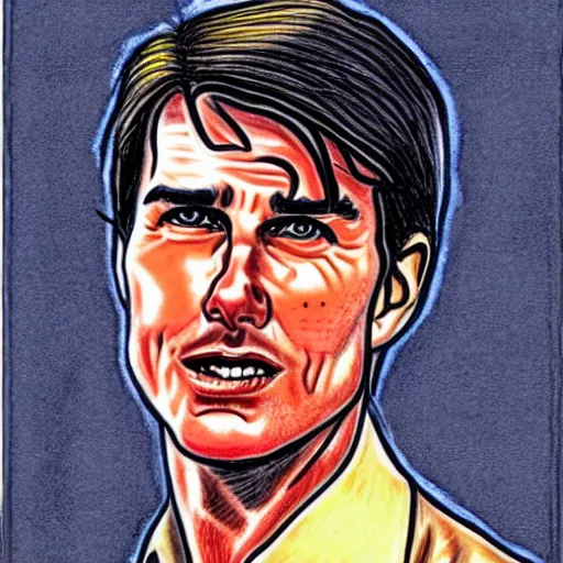 Image similar to a portrait drawing of Tom Cruise drawn by Robert Crumb