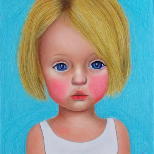 Image similar to 3 year old blonde girl with iphone, colored pencil on white background by eloise wilkin