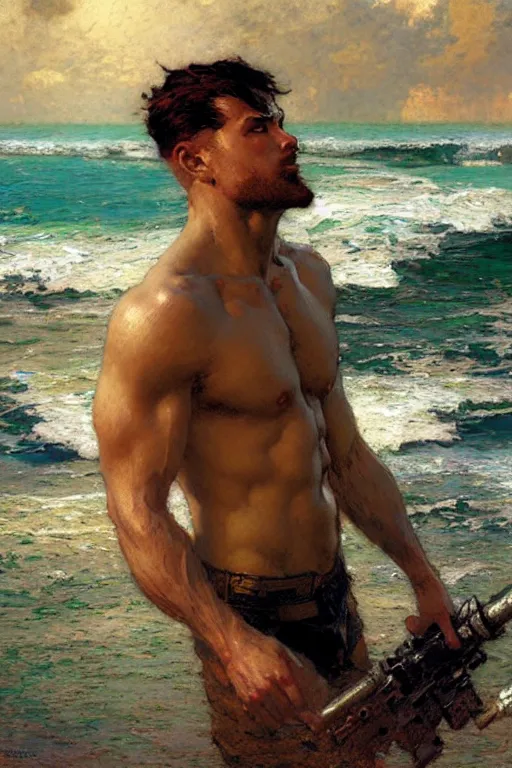 Image similar to attractive man in the ocean, painting by gaston bussiere, craig mullins, j. c. leyendecker, yoji shinkawa