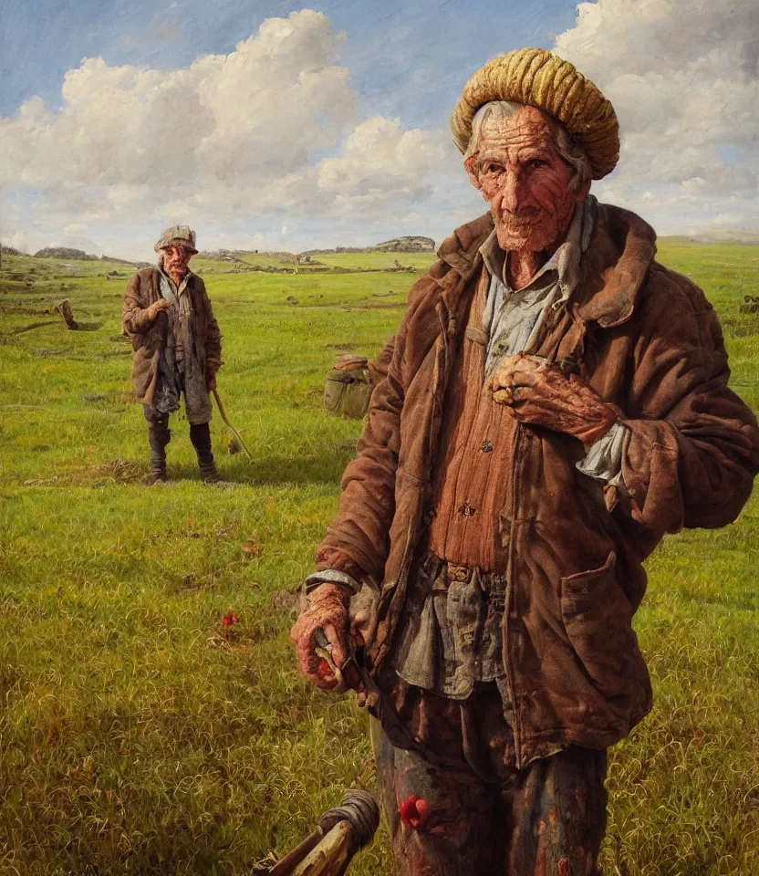 Image similar to a detailed painting portrait of a rugged old potato farmer standing proudly in his field by moebius. vivid colours fantasy. baroque elements. baroque element. oil painting. oil on canvas. award winning. dramatic. trending on artstation. 8 k