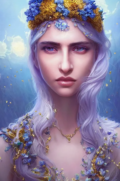 Prompt: a pale Iranian girl with white hair, floral crown, sad blue eyes, cinematic lighting, ultra detailed, highly detailed, sharp focus, golden background with flowers, golden jewellery with blue sapphires, photographic, art by artgerm and greg rutkowski and zdislav beksinski