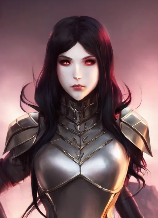 Image similar to full plate armor!!! beautiful and elegant dark hair female vampire!! gorgeous ayes!! character concept art, sharp focus, octane render! unreal engine 5! highly rendered!! trending on artstation!! detailed linework!! illustration by artgerm, wlop, and chie yoshii