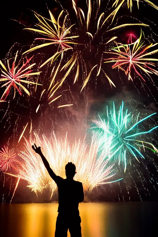 Image similar to ravers standing in water with fireworks in background, full body, silhouette, reflection in water, volumetric lighting, golden ratio, backlit