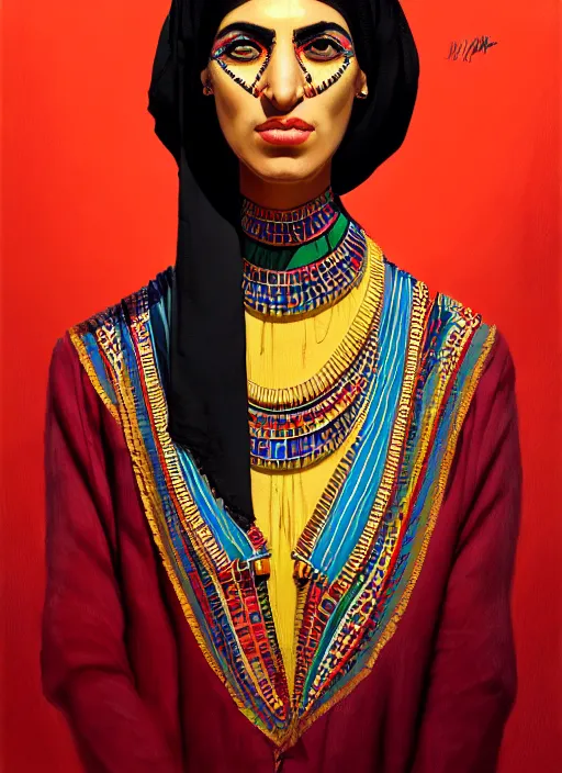 Image similar to portrait of an egyptian woman with a crooked nose and a confident expression, 1 9 6 0 s, colorful clothes, punk, funk, intricate, elegant, highly detailed, digital painting, artstation, concept art, smooth, sharp focus, illustration, art by wlop, mars ravelo and greg rutkowski