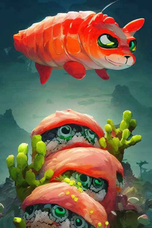 Image similar to 3 d render creature animal sushi cristal very big eye roots cactus elemental flush of force nature micro world fluo fishscale, comics gta 5 cover, official fanart behance hd artstation by jesper ejsing, by rhads, makoto shinkai and lois van baarle, ilya kuvshinov, ossdraws