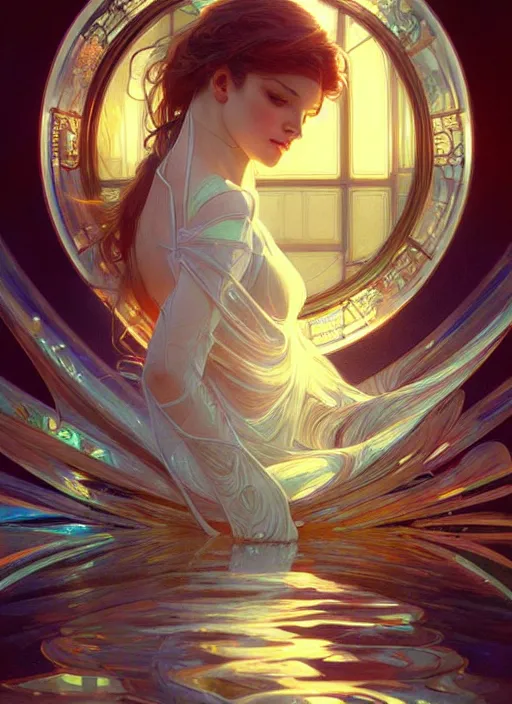 Prompt: water, refraction, reflections, mirrors, prisms, sunlight, glowing lights!! intricate elegant, highly detailed, digital painting, artstation, concept art, smooth, sharp focus, illustration, art by ( ( ( ( artgerm ) ) ) ) and ( greg rutkowski )! and ( ( ( alphonse mucha ) ) )