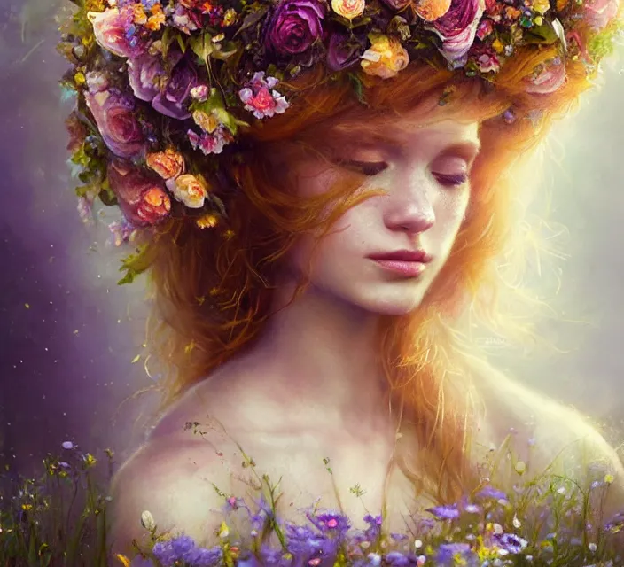 Image similar to cute female bride swathed in flowers, perfect face, tiara, ginger hair, abs, cinematic, freckles, stunning, athletic, strong, agile, highly detailed, psychedelic, digital painting, artstation, smooth, hard focus, illustration, art by jessica rossier and and brian froud