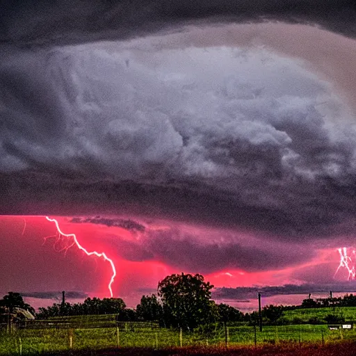 Image similar to a beautiful thunderstorm rolling over a small town, with the clouds illuminated slightly red, ominous, eerie, wayne barlow