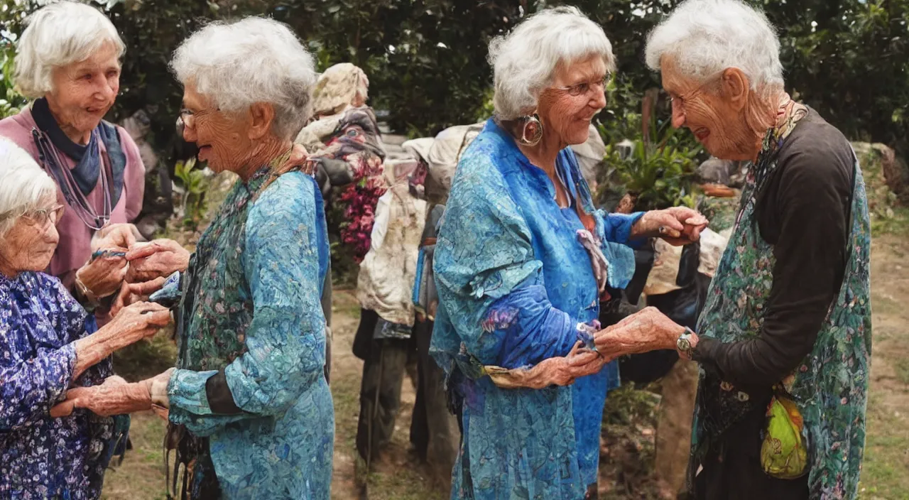 Image similar to one old woman giving a jewel to one young man