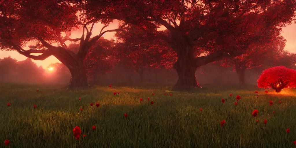 Prompt: a big red tree in the middle of a battlefield near a bunch of red flowers at sunrise, hyperrealistic, concept art, octane render, unreal engine 5, trending on Artstation, high quality, 8K, dramatic lighting, cinematic, high coherence, highly detailed, Midjourney style, epic scene, path traced, low contrast, complementary colors