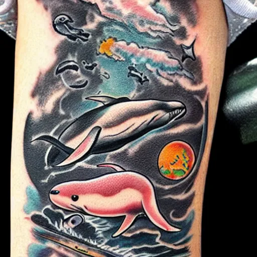 Image similar to old school tattoo of a Rabbit glock in its paws, riding on a killer whale through space traditional American tattoo by Sailor Jerry