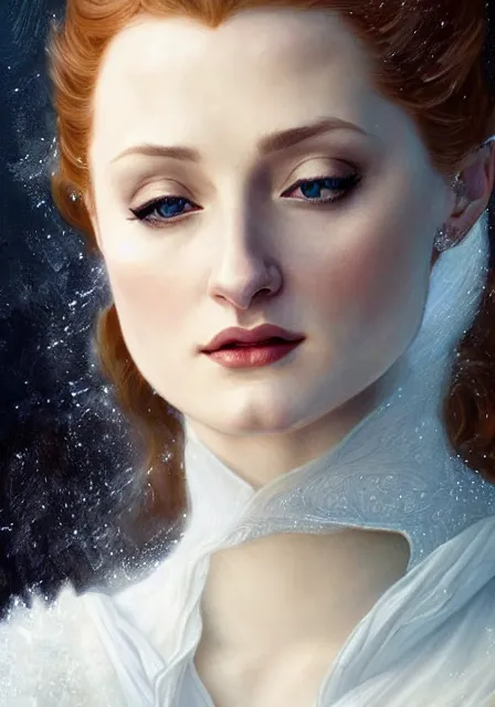 Prompt: sansa angeline jolie gessica chastain snow queen, intricate, elegant, highly detailed, digital painting, artstation, concept art, smooth, sharp focus, illustration, art by artgerm and greg rutkowski and alphonse mucha and william - adolphe bouguereau