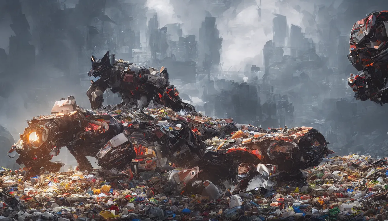 Image similar to gigantic robotic cat walks in a trash heap, red eyes, ai limbo, digital art, trending on artstation, 8k, epic composition, highly detailed,