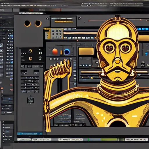 Image similar to a hyperrealistic art nouveau portrait of c 3 po with make noise eurorack module aesthetics