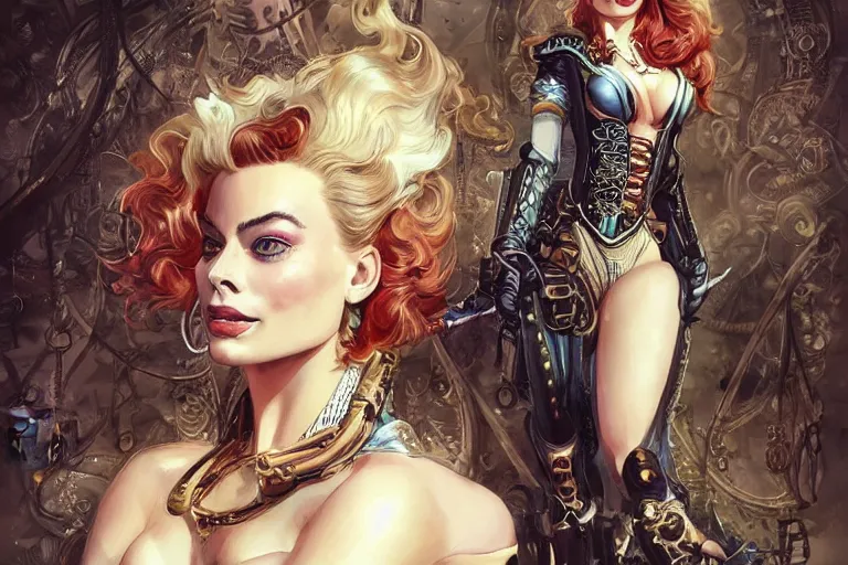 Image similar to three-quarters pose portrait of Margot Robbie as a beautiful Lady Mechanika, very beautiful young woman, ginger wavy hair, Victorian-era push-up underwire. Intricate, steampunk imagery themed, D&D!, fantasy style, sharp focus!, ultra detailed, art by Artgerm and Peter Andrew Jones